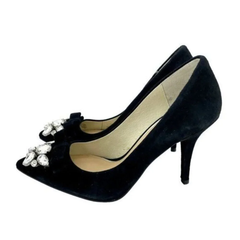 MICHAEL KORS Felicity Black Suede Leather Pumps Crystal Rhinestone SZ 7 NEW
